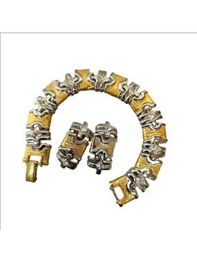 2-Tone Gold & Silver with Crystal Embellished Bracelet and Clip-on Earrings Set